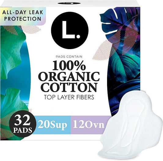 L. Ultra Thin Pads for Women, Organic Cotton Top Layer, Super + Extra Long Overnight Duo Pack Absorbency, Menstrual Pads with Wings, 32 Count