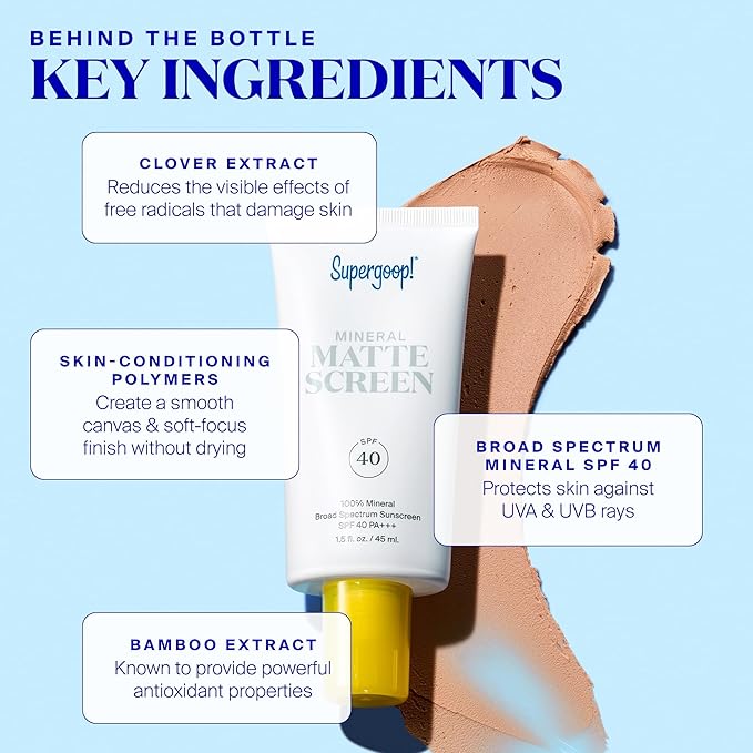 Supergoop! Mineral Mattescreen (SPF 40) - 45 mL - Mineral, Oil-Free Broad Spectrum Sunscreen - Smooths Skin’s Appearance, Minimizes Pores & Controls Shine - Water & Sweat Resistant