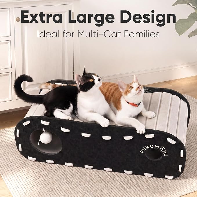FUKUMARU Cat Bed Cave Tunnel, 31.5 Inch, Cat House Condo Indoor, Black | Extra Long Design, For Multiple & Large Cats, Felt Material, Fluffy Ball Included, Scratch Resistant