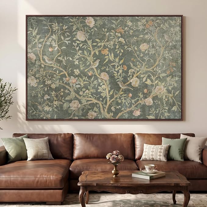 Extra Large Framed Green Vintage Botanical Wall Art for Living Room, 72x48 | Oversized, Canvas print, Retro green, Floral picture, Bird, Wall art bedroom, Dining room wall decor, Solid wood frame