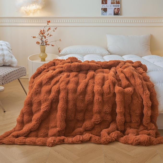 LIFEREVO Luxury Fluffy Faux Rabbit Fur Throw Blanket 60x80, Burnt Orange | Plush Fuzzy Bubble Lap Throw for Couch Sofa Office, Soft Cozy Furry Bed Blanket Home Decoration, Washable & Skin-friendly