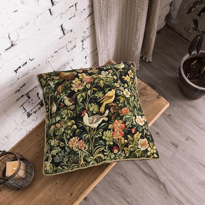 Vintage Birds Floral Velvet Pillow Cover 18x18 Inch Green Leaf Red Flowers Throw Pillows for Couch Farmhouse Cushion Covers Chicken Pillowcase Black Chinoiserie Pillow Case for Sofa Bed Outdoor Decor