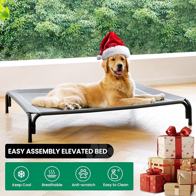 Elevated Dog Bed Raised Outdoor Dog Cot for Large Dogs, Installation Requires No Tools, Frame with Washable Cooling Breathable Mesh Anti-Slip Feet, Indoor Pet Bed, Grey, 43.3 Inches