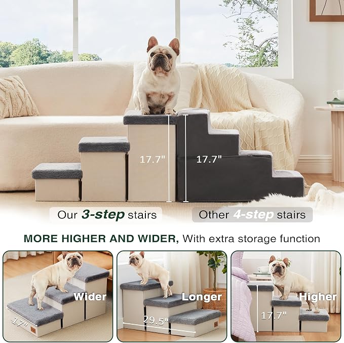 Love's cabin Dog Stairs for High Bed, Foldable Pet Stairs for Small Medium or Large Dogs Puppy with Storage for Bed or Couch, Cat Dog Steps Ramp with Zip up to 200 lbs, Grey, 3 Steps