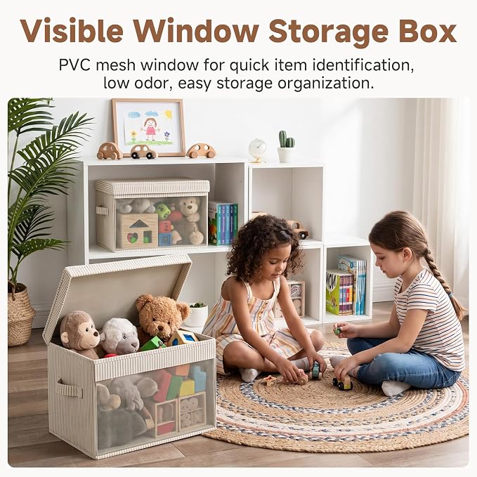 StorageWorks Fabric Storage Bins with Lids, Large Closet Storage Bins | Flip-Top Lid, Clear Window, Handles, Collapsible, for Clothes Blankets Books, Closet Box, Khaki and Beige Stripes, 2-Pack