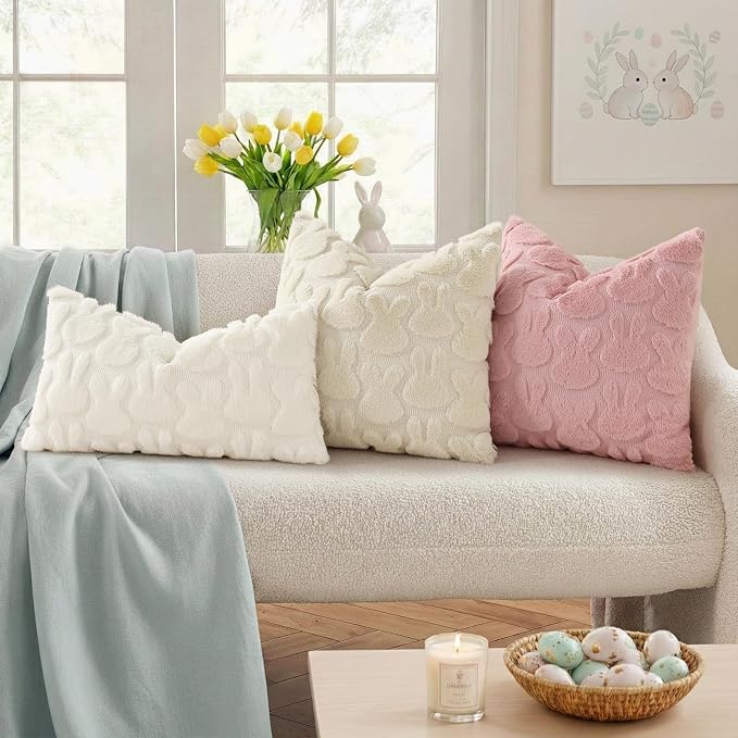 decorUhome Beige Faux Fur Bunny Throw Pillow Covers 20X20 Set of 2 | Plush Soft Wool Jacquard Beige Rabbit Cushion Covers, Modern Farmhouse Easter Holiday Decor PillowCases for Sofa Bed