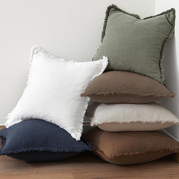 MIULEE Linen Fringe Decorative Fall Throw Pillow Covers Cocoa Brown 18x18 | Set of 2, Cottagecore Decor, Boho Farmhouse Neutral Pillow Covers, Rustic Fall Couch Cushion Cases for Sofa Bed Living Room