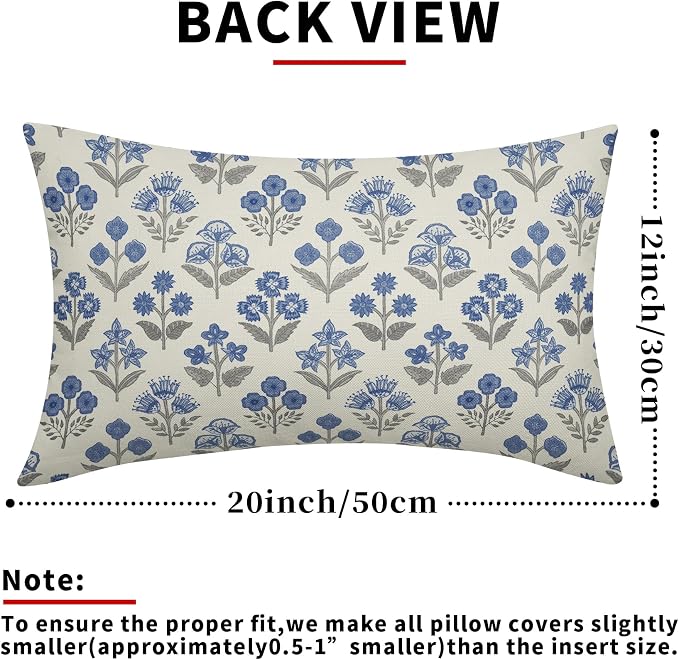Blue Grey Gray Floral Pillow Covers 12x20 Inch Set of 2, Block Print Lumbar Flower Cream Decorative Throw Pillowcases Outdoor Farmhouse Rectangle Cushion Covers Spring Summer Sofa Couch Bed Decor