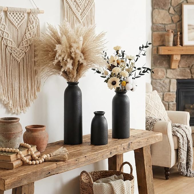 CEMABT Black Ceramic vase Set-3 Flower vases for Decor,Modern Boho Farmhouse Home Decor,Decorative vase for Pampas Grass&Dried Flowers,idea Shelf,Table,Bookshelf