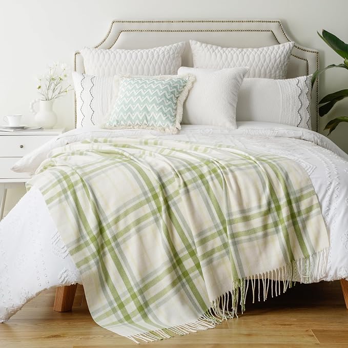 Spring Summer Plaid Throw Blanket for Couch Bed,White Green Stripe Blanket | 50"x60", Farmhouse Throw Blanket, Buffalo Checkered Design, Lightweight Soft Plaid Blankets and Throws for Home Decor