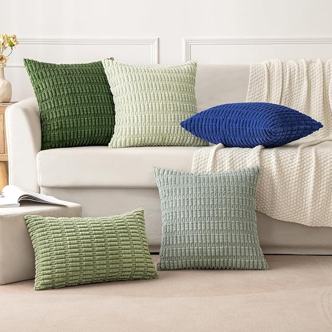 MIULEE Corduroy Decorative Throw Pillow Covers 16x16 Moss Green Pack of 2 | Soft Boho Striped Pillow Covers Modern Farmhouse Home Decor For Sofa Living Room Couch Bed