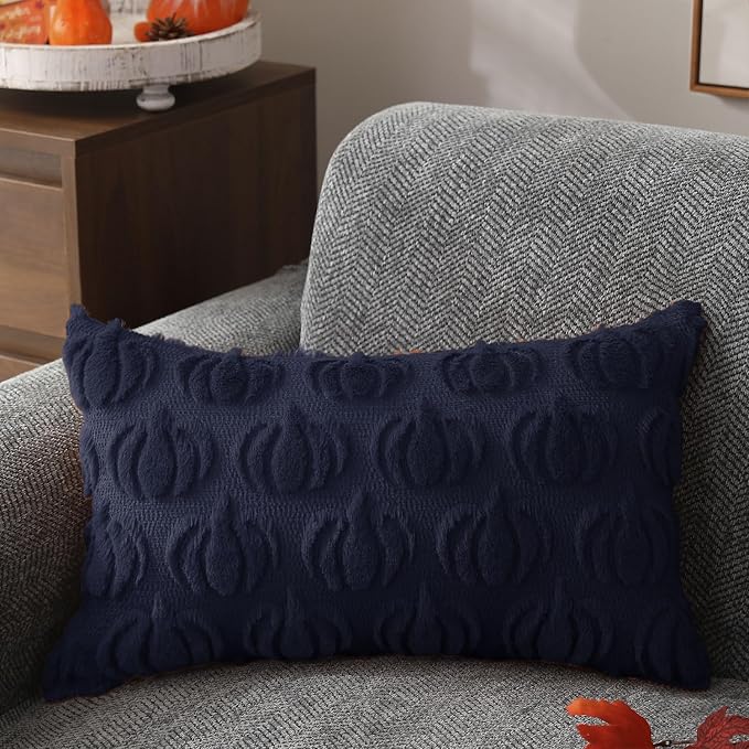 DFXSZ Fall Pillow Covers 12x20 2Pcs Navy Blue Pumpkin Fall Decorations | Fall decor Set of 2 Throw Pillow Cases Soft Plush Faux Fur Wool Couch Cushion for Chair Sofa Bedroom Living Room Home Decor