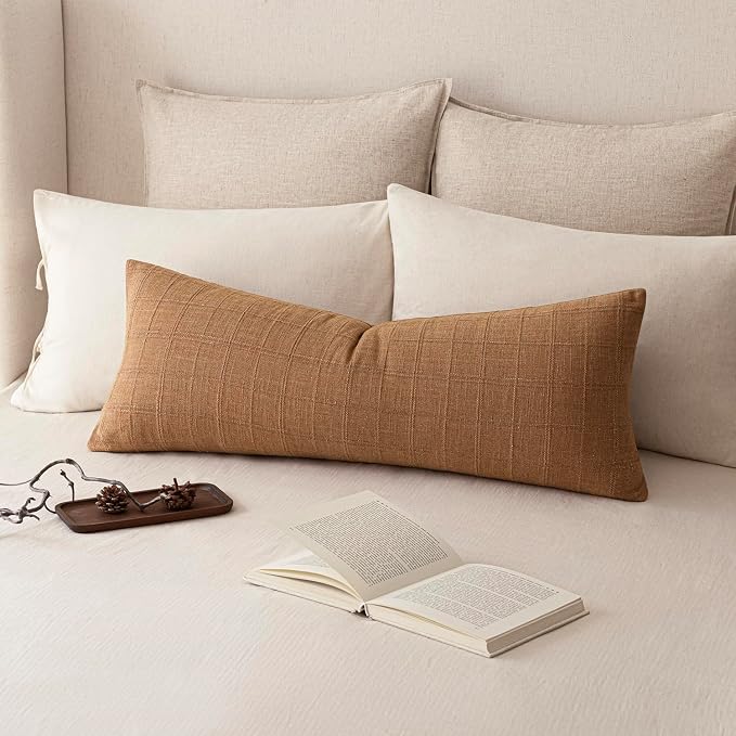 Foindtower Set of 2 Decorative Linen Check Throw Pillow Covers Neutral Farmhouse Vintage Cushion Covers Cozy Modern Boho Home Decor for Sofa Chair Couch Bedroom Living Room,14×36 Inch,Brick