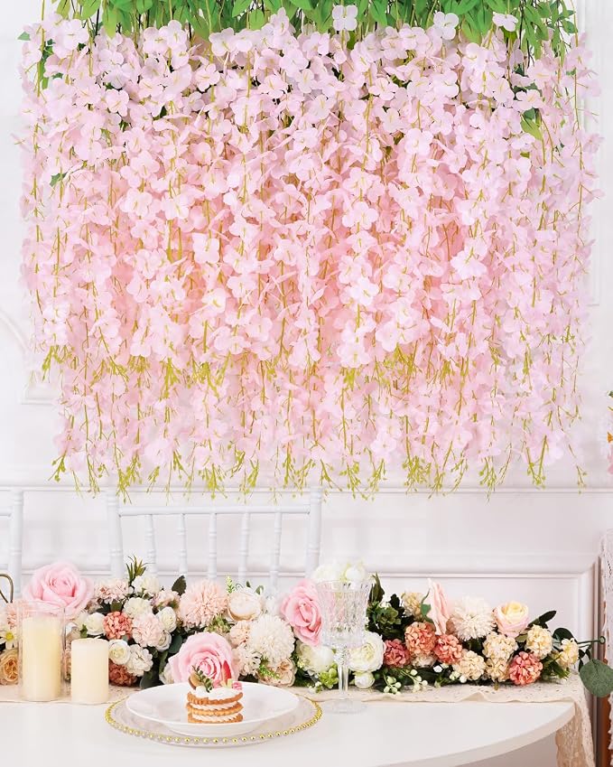 40Pcs Light Pink Wisteria Hanging Flowers,Fake Hanging Flowers | Hanging Flowers for Decoration, Vines for Bedroom,Flower Garland for Home,Party,Garden, Wall,Wedding Decoration(3.6 Ft/Pcs)