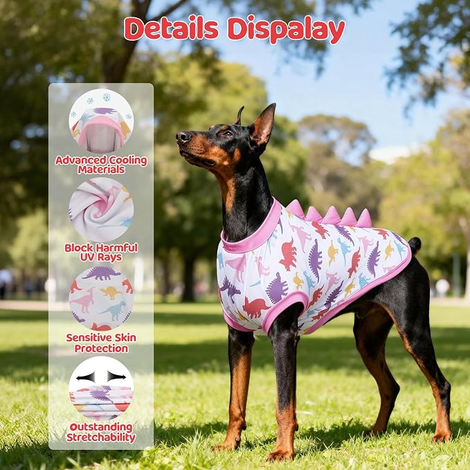 UPF 50+ Sun Protection Dog Shirt - Sleeveless Cooling Vest for Large Dogs Boy, Quick-Dry Pet T-Shirt with Funny Dinosaur Horns, UV Protective Breathable Dog Clothes U-COSBX04XXL