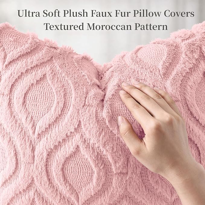 decorUhome Faux Fur Plush Soft Pink Throw Pillow Covers 24x24 Set of 2 | Plush Solid Fall Couch Pillow Covers, Accent Modern Farmhouse Neutral Decorative Square Pillow Cases for Sofa Bed Living Room