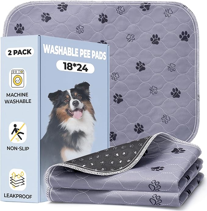 Fostanfly Reusable Puppy Pads, Washable & Absorbent, 18"x24"-2 Pack, Gray | Washable Pee Pads for Dogs, Leakproof & Waterproof Wee Wee Mat, Non Slip Training Potty Pads for Crate, Playpen