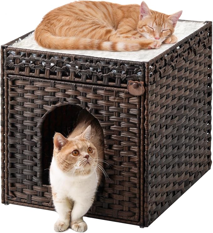 SETVSON Cat Beds for Indoor Cats Extra Large Double PE Rattan, Brown | Spacious Indoor Cat House Condo for Multi-Cats, Dual Layer Hideaway Cave, Reversible Cushion, Collapsible Metal Frame