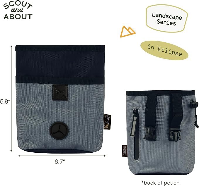 P.L.A.Y. Scout & About Deluxe Training Treat Pouch with Poop Bag Dispenser - 3 Way Wear, Detachable & Adjustable Strap, Reflective Strips, Water-Resistant Back Zipper Pocket, Squeaker (Eclipse)
