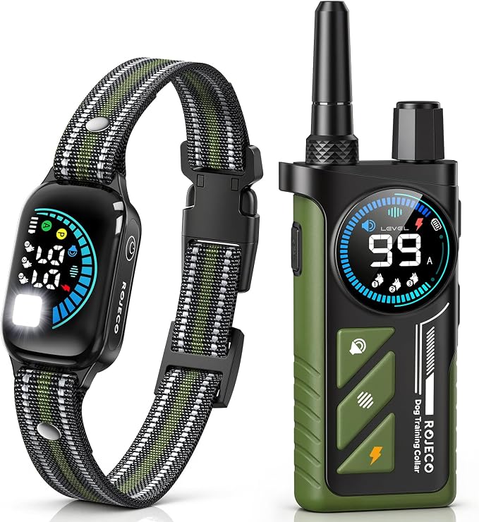 ROJECO 2-in-1 Dog Shock Collar & Dog Bark Collar,Smart Anti-Barking | 3300FT Remote/IPX7 Waterproof/Beep,Vibration,Shock Modes/LED Light/TypeC Rechargeable/for Small Medium Large Dogs/Green