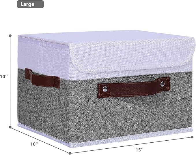 ANMINY Fabric Storage Box Bins with Lids, Gray White, 15"x10"x10", 4 Pack | Keepsake Memory Storage, Cotton Linen, PP Board Reinforced, Washable, PU Handles, Foldable & Stackable, Decorative, Large