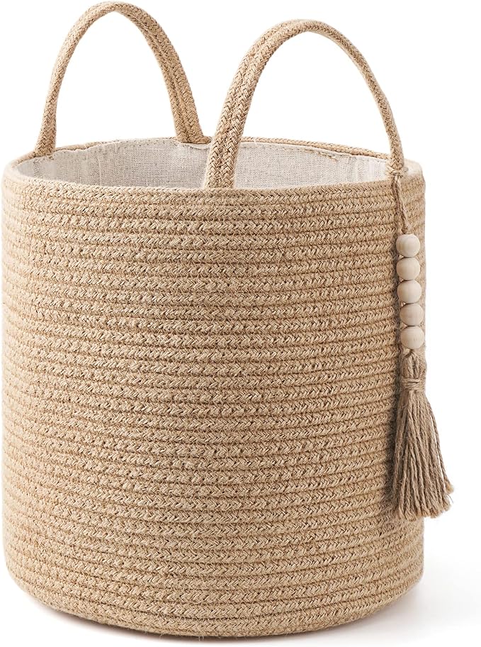 Mkono Woven Storage Basket for Blanket, Toys Plant Organizer, 11"W x 11"L | Brown, Jute, Decorative Basket with Handle, Wood Beads Tassel, Shoes Towel Clothes Storage Bin, Living Room Bedroom Nursery