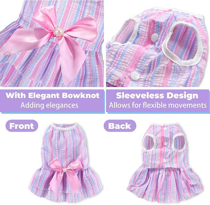 Dog Dress, Cute Pet Princess Dresses with Bright Color Design, Sweet Bowknot, Dog Clothes for Small Dogs Girl, Breathable & Lightweight, for Spring Summer, 2 Pack (Pink Purple, Small)