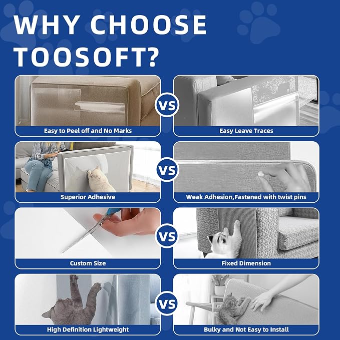 TOOSOFt Anti Cat Scratch Furniture Protector Clear Thicken Vinyl 160"x12.4" | Couch Protector from Cat Claws Thicken - Single Sided Sticky Flexible Dog Tape for Furniture, for Couch Corner Door Walls Bed