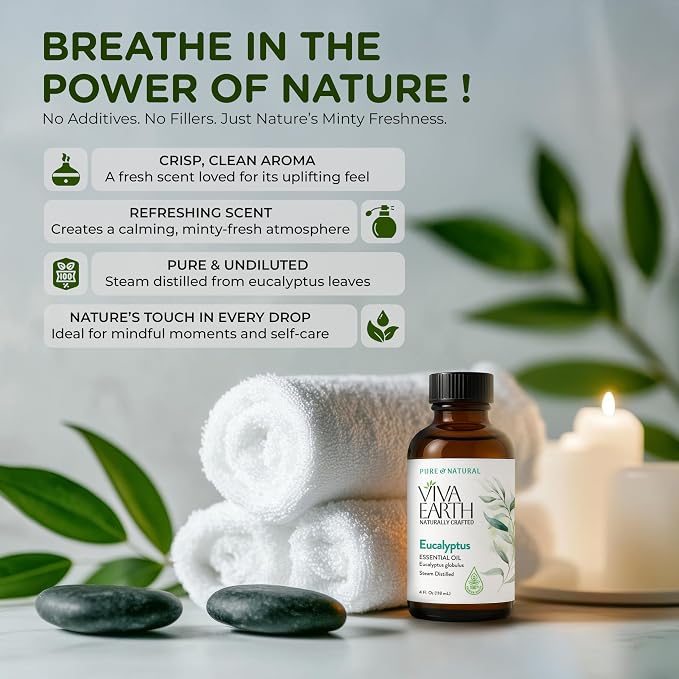 Eucalyptus Essential Oil – 100% Pure and Natural Eucalyptus Essential Oil for Diffuser, Aromatherapy, Massage, Hair, Scalp and Skin, Soap and Candle Making – with Dropper, 4 oz