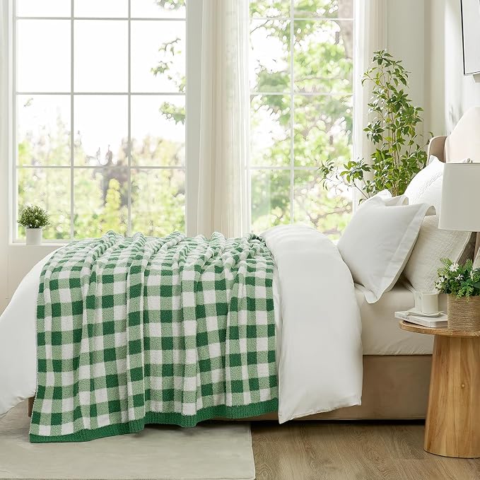 Snuggle Sac Checkered Blanket for Couch, Super Soft Cozy Warm Knit Netural Decorative Fluffy Blankets, Reversible Buffalo Plaid Microfiber Throws for Sofa Bed, Plaid Green, 50x60 Inches