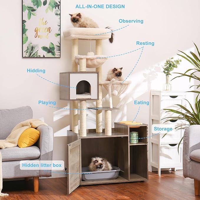 Hey-brother Cat Tree Tower, Wooden Litter Box Enclosure and Condo, MPJ115SG | 61.02 Inches Modern Cat Furniture with Large Platform, Scratching Posts, 2 Hammocks, All-in-one for Indoor Cats, Rustic Gray