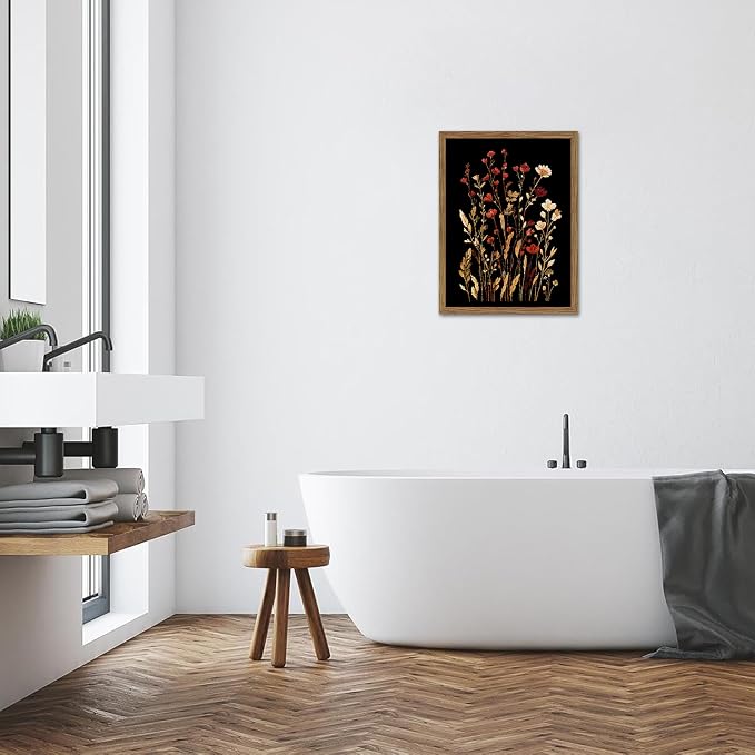 Framed Vintage Floral Wall Art, Dark Wildflower Botanical Canvas Wall Decor Paintings, Rustic Moody Flower Artwork Poster Print Picture for Bathroom Bedroom Living Room 16x24 Inch