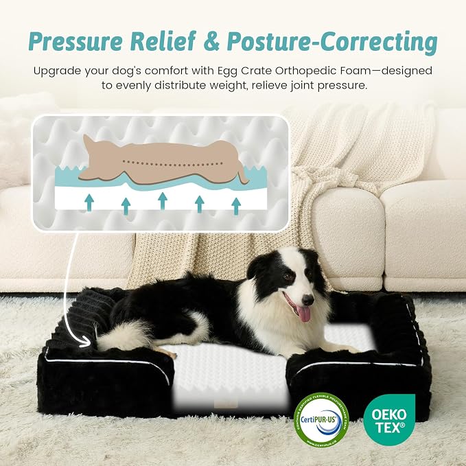 COZY KISS Faux Fur Orthopedic Dog Bed Washable for Extra Large Dogs, XXL | Soft Warm Pet Sofa with Sides or Bolster, Non-Slip and Big Dog Couch with Removable Waterproof Cover, 48x35 inch, Black