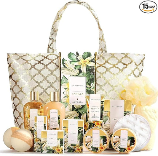 Gifts for Women, Spa Luxetique Gift Baskets for Women,15 Pcs Vanilla Spa Gifts for Womens, Women's Gifts with Bubble Bath, Bath Salt, Bath Bombs, Birthday Gift Christmas Spa Baskets