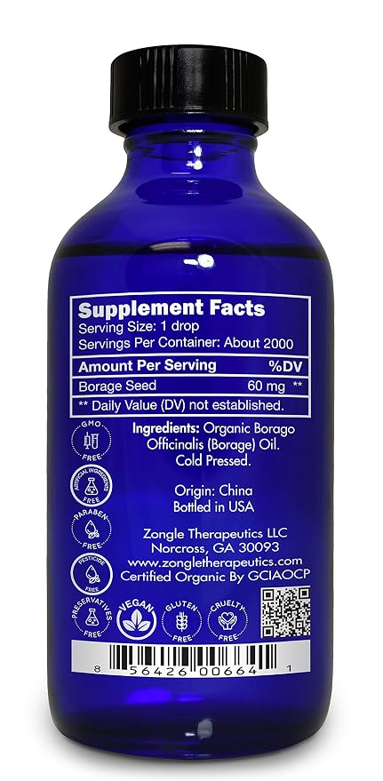 Zongle Therapeutics Organic, Borage Oil, Liquid, Supplement – 100% Pure, Borage Seed Oil, 4 OZ