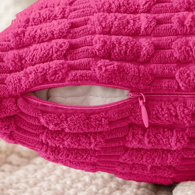 MIULEE Corduroy Decorative Throw Pillow Covers 18x18 Hot Pink Pack of 2 | Soft Boho Striped Pillow Covers Modern Farmhouse Home Decor For Sofa Living Room Couch Bed