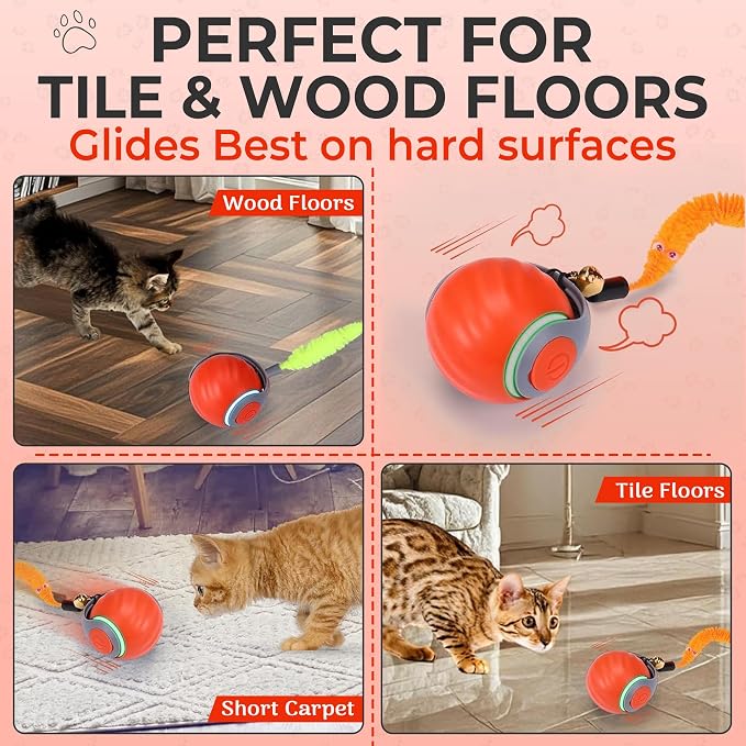 Interactive Cat Toy Ball - Motion-Activated, USB Rechargeable Cat Toys for Indoor Cats with Anti-Scratch Cover & 2 Changeable Tails - Enrichment Toy for Active Cats & Kittens