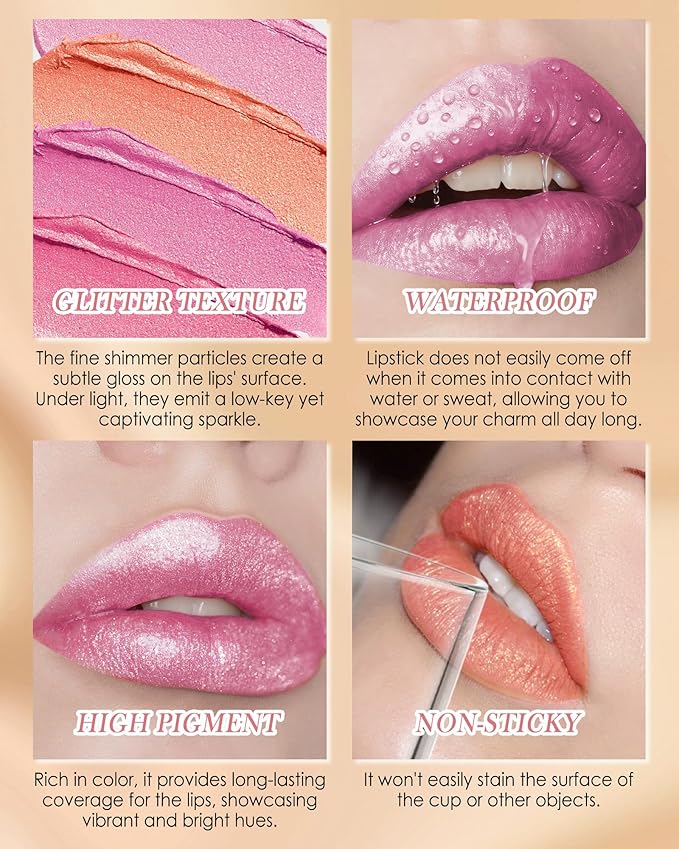 Diamond Glitter Lipstick, Rose Pink Shimmer Matte Metallic Lipstick, High Pigmented Waterproof Long Lasting Lip Gloss, Shiny Non-Sticky Creamy Lip Stain, Christmas Lip Makeup Gift for Women Girl-10