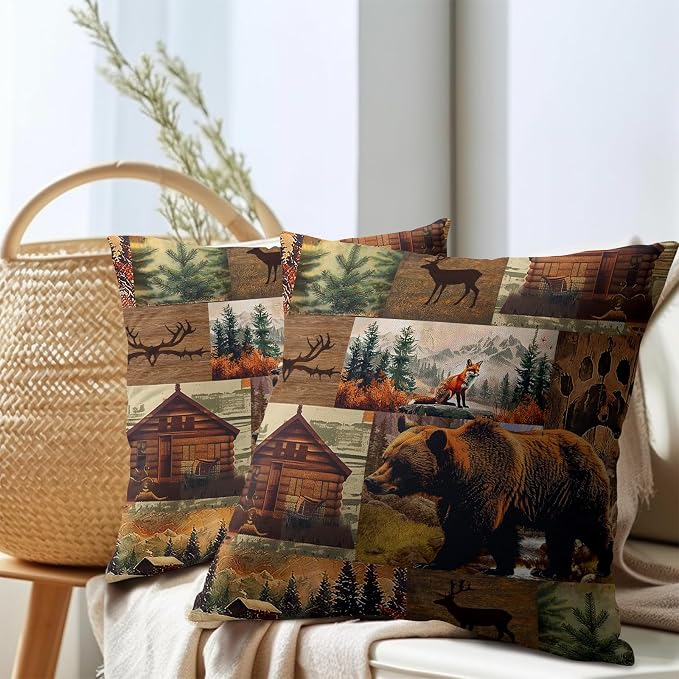 Kawani Cabin Bear Throw Pillow Covers 16x16 Inches - Set of 2 Rustic Lodge Wild Animals Deer Cotton Linen Square Decorative Pillowcase Cushion Case for Couch Home Living Room Decor