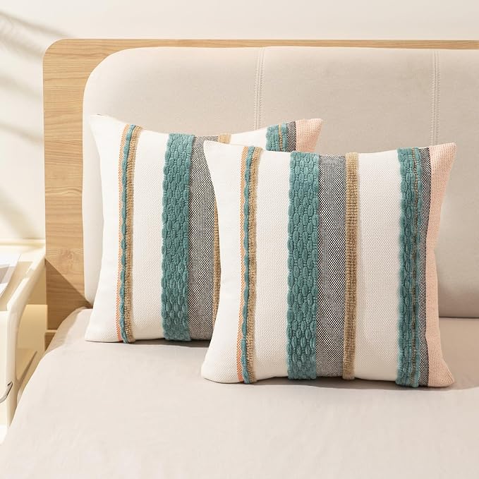 Boho Throw Pillow Covers Decorative Neutral Farmhouse Pillow case | 18x18 Set of 2 Cushion Case Striped Square Pillows Cover Couch Pillow Cases Accent Pillowcase for Sofa Bed,Blue