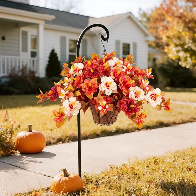 Artificial Fake Fall Hanging Flowers with Basket for Outdoors Decoration | 3PCS Faux Flowers for Outside Planters UV Resistant No Fade Silk Hibiscus for Home Porch Patio Garden Balcony Yard Decor