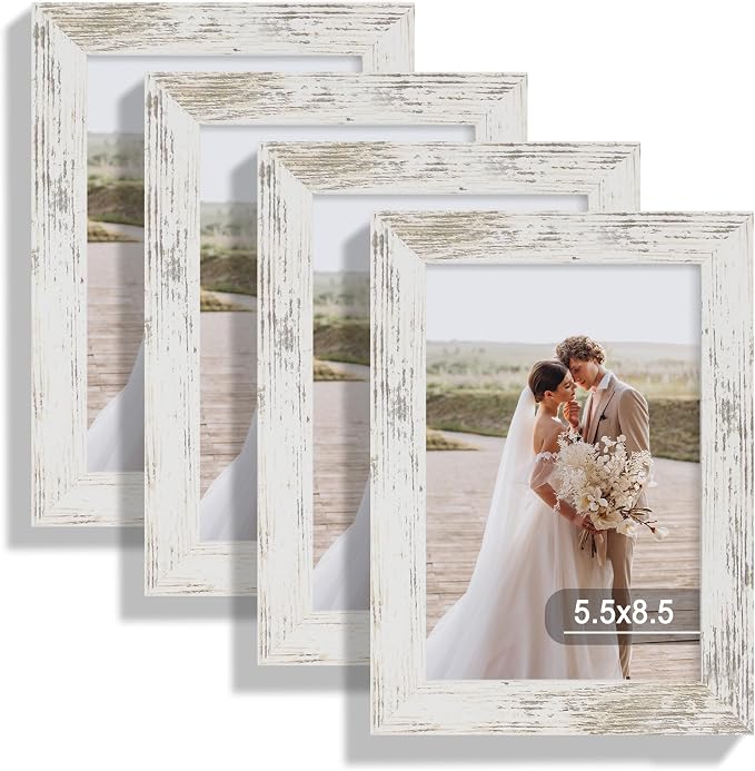 Hongkee 5.5 x 8.5 Diploma Frame Set of 4, Made of Real Glass and Distressed White Frame, 5.5 by 8.5 Photo for Wall or Tabletop