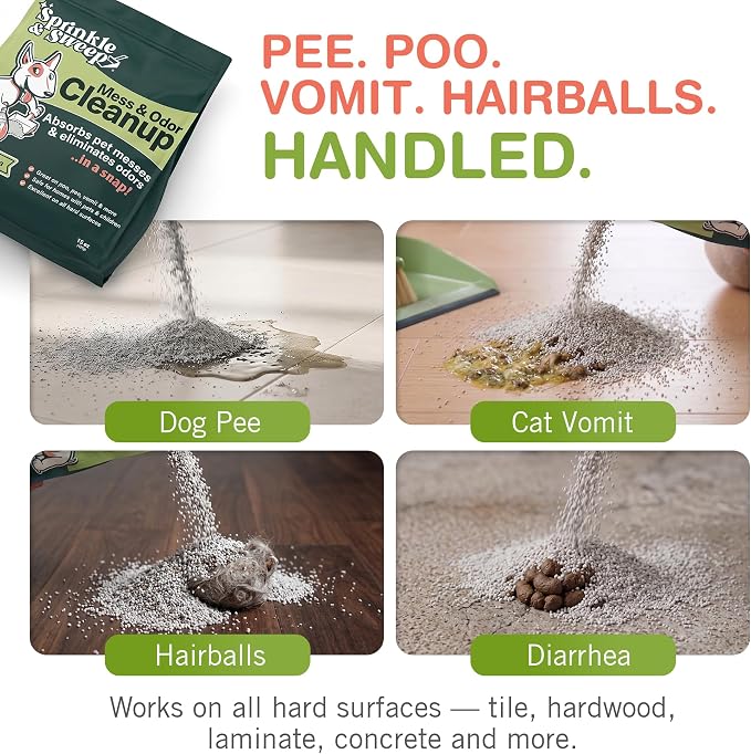 Sprinkle & Sweep: Pet Mess & Odor Cleanup - 4 Pack, 15oz Bags - Dog Accident Clumping Powder, Remove Pee-Poo-Vomit From Hard Surfaces, Ultra-Absorbent