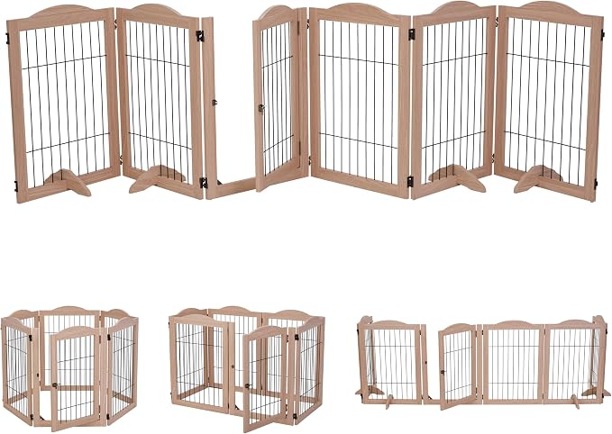Arf Pets Freestanding Dog Gate with Door, 6 Panel 360° configurable Wooden Wire Fence, 132" Wide, 31.5" Tall, Foldable, Five Support Feet Included, for The House - Indoor Use