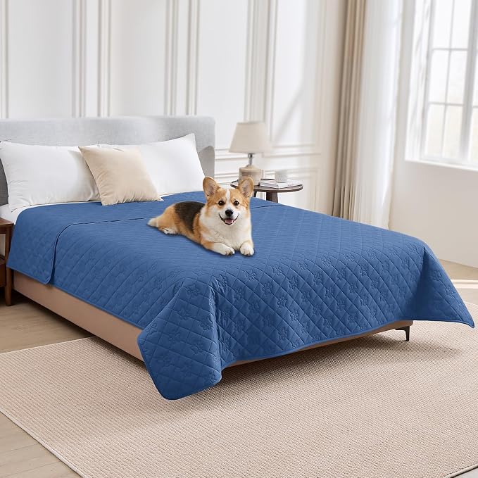 PAWFINITY Waterproof Bed Cover for Dogs, Pet Blanket for Mattress Washable | Paw Print Quilted, Hair Resistant, Anti Cat Scratch, Pee Proof Furniture Protector for Queen Size Bed, 68x82 Inch, Blue