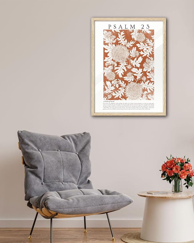EcoHest 16x20 in Psalm 23 Orange Floral Botanical Framed Christian Wall Art | Solid Oak Wood Frame with Canvas Wall Art, Scripture Bible Verse Wall Decor for Bedroom, Living Room, Office, Church, 1Pack