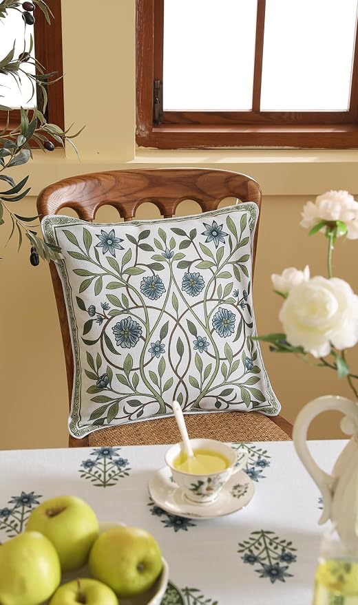 Designer Linen Throw Pillow Cover,Set of 2,18"x18"-Mosella A | Vintage Elegant Square Decor Pillow Cover,Concealed Zipper Design,Floral Pattern,Sofa,Bedroom,Living Room,Lounge Chairs