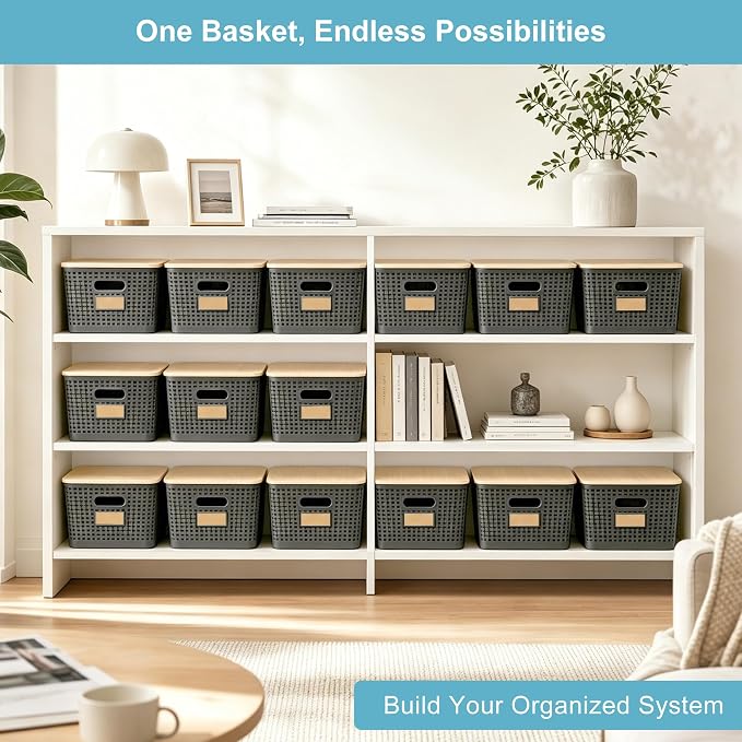2 Pack Tall Plastic Storage Bins with Bamboo Lids, 10.8qt Stackable Storages Baskets for Organizing Desktop Closet Playroom Classroom Office, 12"L x 8.3"W x 6.1"H, Gray