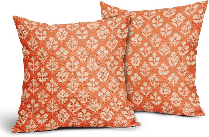 Orange Floral Pillow Covers 24x24 Inch Set of 2, Vintage Flower Block Print Pattern Decorative Throw Pillowcases Outdoor Farmhouse Cushion Covers Spring Summer Rustic Sofa Couch Bed Decor