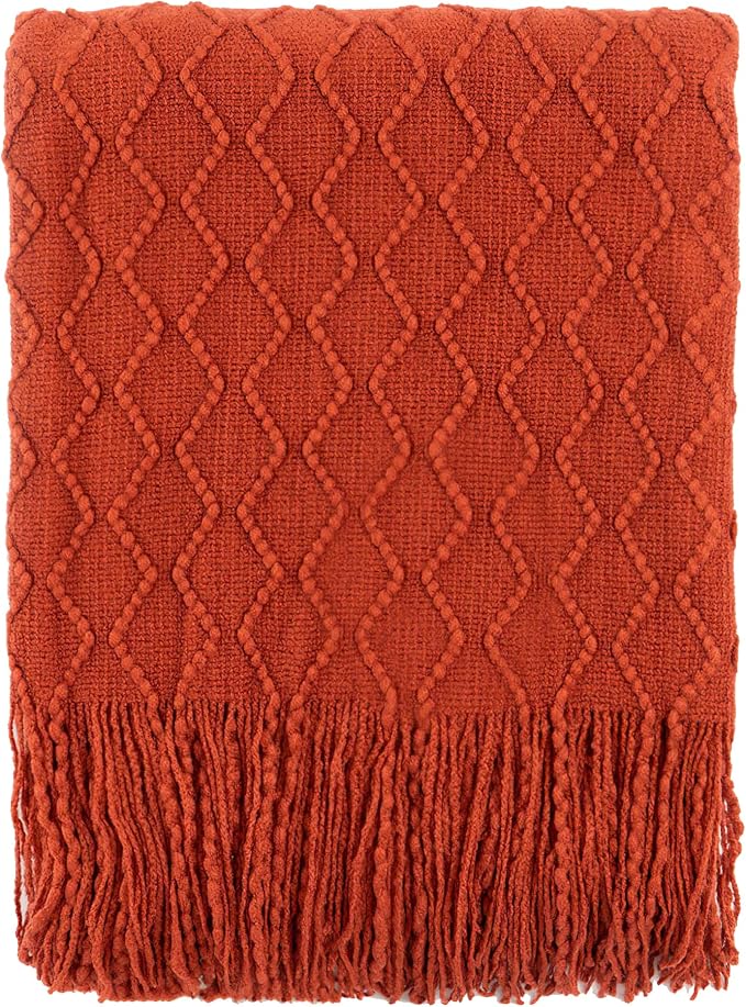 BATTILO HOME Rust Throw Blanket for Couch, 50" x 60", Acrylic Knit Woven Summer Blanket, Lightweight Decorative Soft Nap Throw with Tassel for Chair Bed Sofa Travel Picnic, Suitable for All Seasons